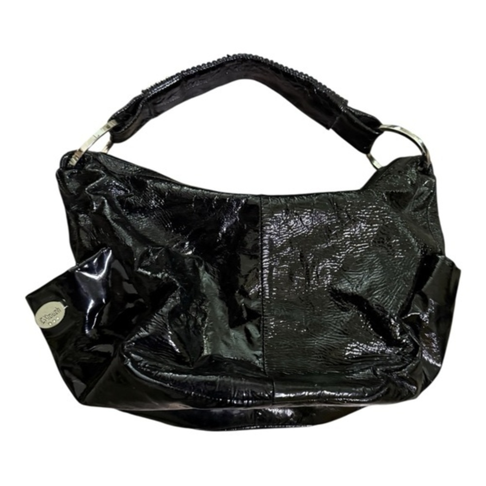 DXtouch Black Patent Leather Shoulder Bag Rhinestone Strap Y2K Glam Hobo Bag
